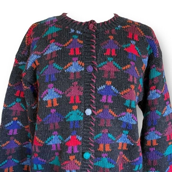 Cullinane Womens Cardigan Vintage 1980s Sz M Charcoal Gray Friends Holding Hands - Picture 3 of 7